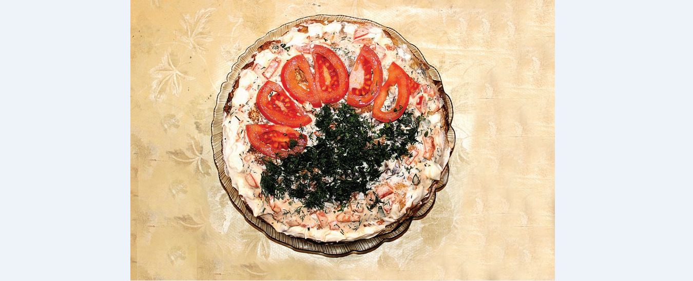 Кабачковый торт с грибами и помидорами